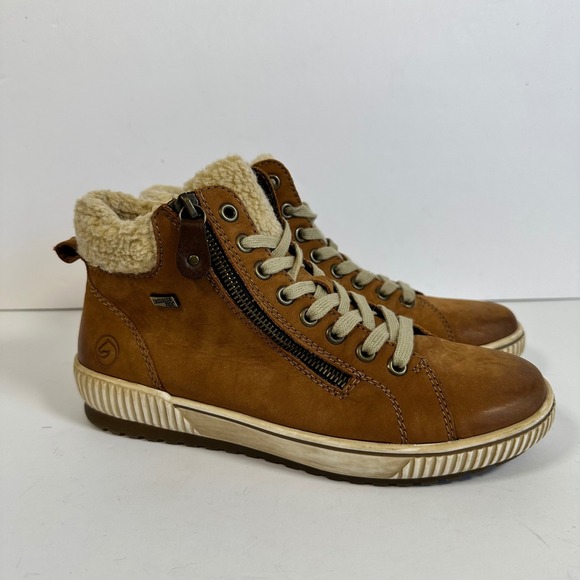 Remonte Shoes - Remonte Tan Leather Ankle Lace Up Boots Faux Shearling Waterproof Zip Winter